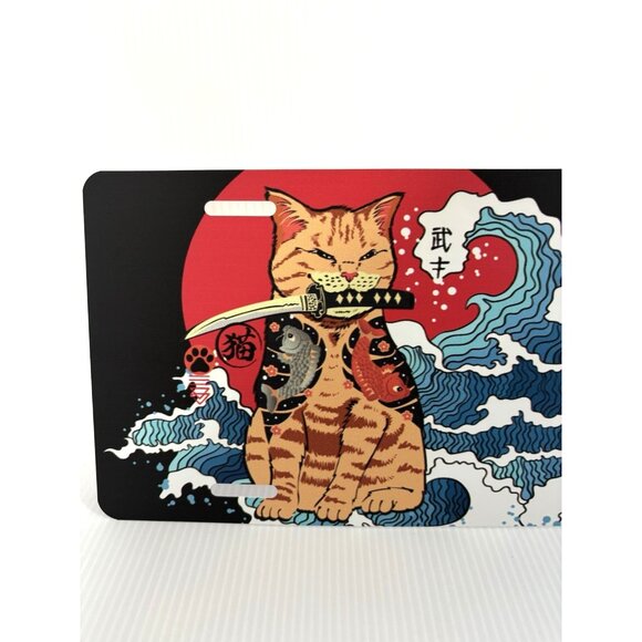 Japanese Anime Samurai Cat Aluminum License Plate Ocean Wave Red Sun Design NEW - Picture 3 of 6